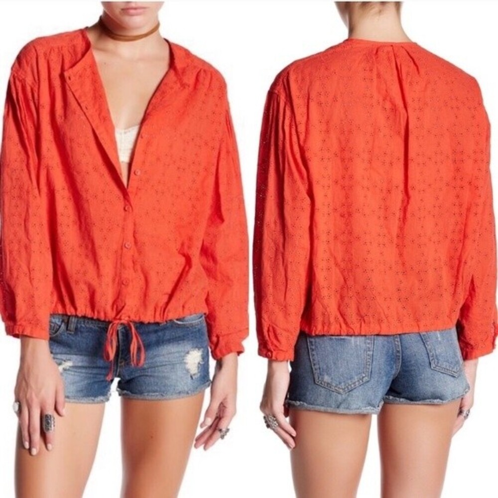 Free People Orange Stars Align Button-Front Blouse NWT Size Small Cottagecore